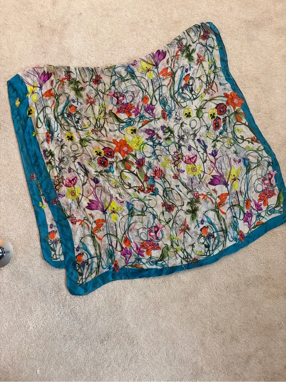 Floral Lightweight Botanical Scarf in Teal Trim vintage silk